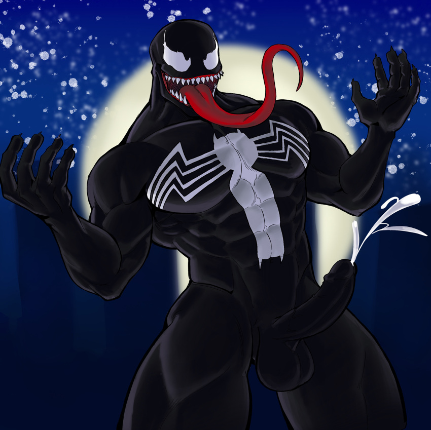 balls bara boner cum dark_body erection human human_only jasdavi long_tongue male male_only marvel marvel_comics muscles muscular nude orgasm penis sharp_teeth solo solo_male uncensored venom venom_(marvel)