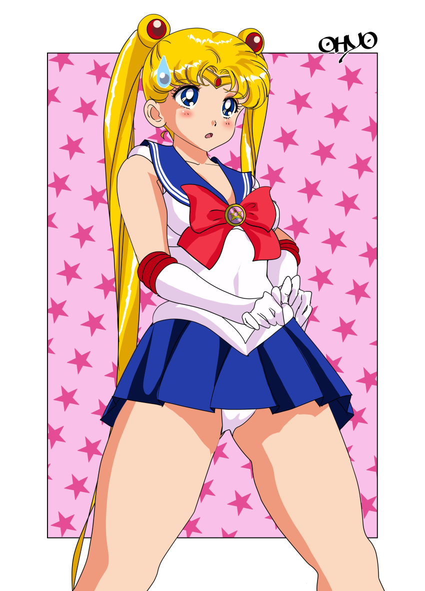 absurdres adjusting_skirt bishoujo_senshi_sailor_moon blonde_hair blue_eyes blue_sailor_collar blue_skirt bow cameltoe clothing collarbone diadem double_bun elbow_gloves female gloves hair_bun highres inner_senshi leotard leotard_peek long_hair miniskirt open_mouth oyoyo_(yoyoichi) panties pleated_skirt red_bow sailor_collar sailor_moon sailor_senshi sailor_senshi_uniform skirt small_breasts solo sweatdrop thighs twintails upskirt usagi_tsukino white_gloves white_leotard