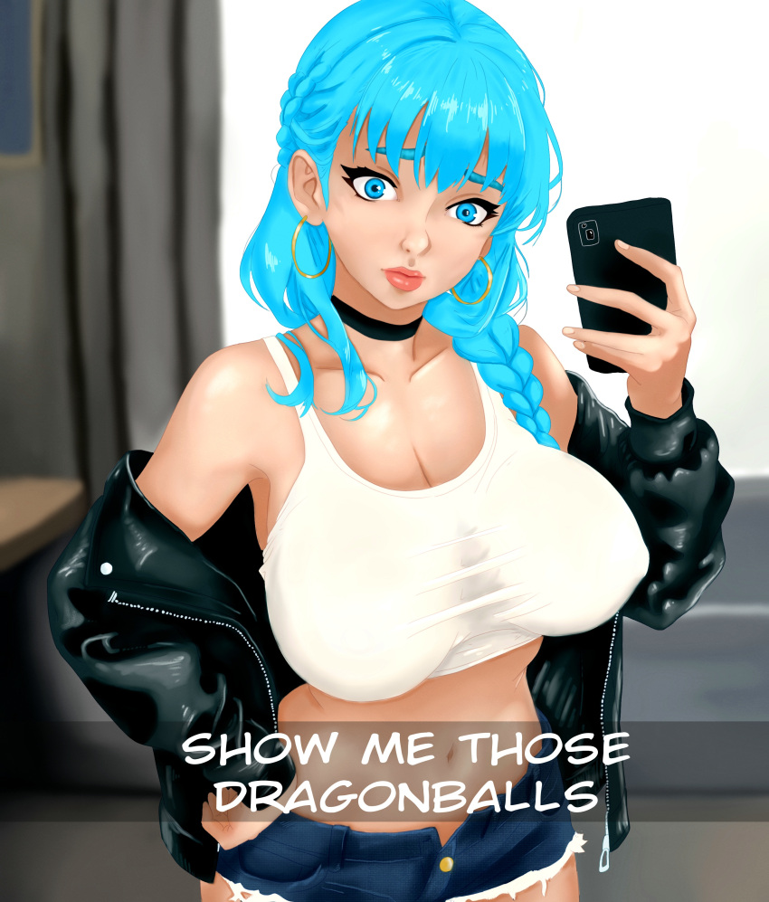 big_breasts blue_eyes blue_hair braid braided_hair bulma_briefs dragon_ball holding_phone leather_jacket looking_at_viewer nipples_visible_through_clothing open_jacket seethrough_clothing selfie sfw short_shorts simpbot2k snapchat unbuttoned_pants white_tank_top