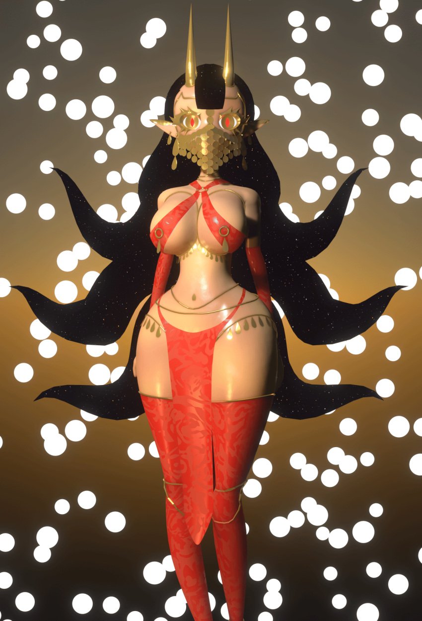 1girls animated animated animated belly_dancer belly_piercing black_hair dancer dancer_outfit earrings elf_ears gold_(metal) gold_jewelry haneyana horns large_ass large_breasts mask masked masked_female nipple_rings olive_skin original_character red_eyes self_upload solo tan_body thick_thighs wide_hips