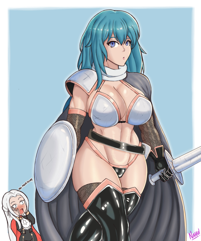 2girls alternate_costume bikini_armor blue_eyes blue_hair breasts byleth_(fire_emblem) byleth_(fire_emblem)_(female) caprednahu clothed edelgard_von_hresvelg female female_only fire_emblem fire_emblem:_three_houses multiple_girls nahusmash nintendo shield sword thighhighs