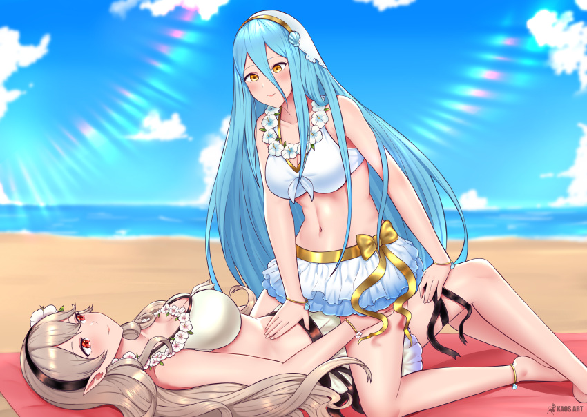 2girls absurdres alternate_costume anklet aqua_hair artist_name azura_(fire_emblem) bangs bare_shoulders beach beach_towel bikini bikini_skirt black_hairband blonde_hair blue_hair blue_sky blush bracelets breasts brown_hair cleavage closed_mouth cloud clouds collarbone commentary corrin_(fire_emblem) corrin_(fire_emblem)_(female) corrin_(summer)_(fire_emblem)_(female) cousins cowgirl_position day english_commentary eyebrows_visible_through_hair female female_only fingernails fire_emblem fire_emblem_fates fire_emblem_heroes flower flower_head_band flower_necklace front-tie_bikini grey_hair hair_between_eyes hair_flower hair_ornament hairband hand_on_leg hand_on_stomach highres incest jewelry kaos_art large_breasts laying_on_towel light_blue_hair lips long_hair looking_at_another lying manakete medium_breasts midriff multiple_girls navel necklace nintendo ocean official_alternate_costume outdoors outside pink_lips pointy_ears red_eyes sand sitting sitting_on_person sky smile sunlight swimsuit swimsuit_skirt towel tribadism veil very_long_hair water wavy_hair white_bikini white_flower white_swimsuit yellow_eyes yuri