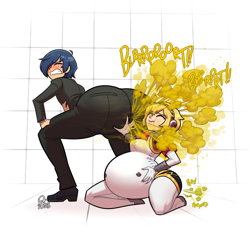 1boy aigis_(persona) big_ass big_belly big_butt commission_art enormous_ass fart fart_fetish farting_in_face gassy_female makoto_yuki male_fart oddtenn persona persona_3 straining tenuousoddity