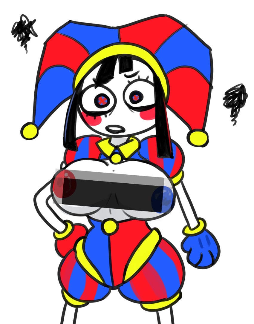 2023 2d 2d_(artwork) 2d_artwork angry_face breasts censored glitch_productions gooseworx jester jester_cap jester_costume jester_girl jester_hat jester_outfit nicechan pomni pomni_(the_amazing_digital_circus) solo the_amazing_digital_circus useless_censoring xddcc