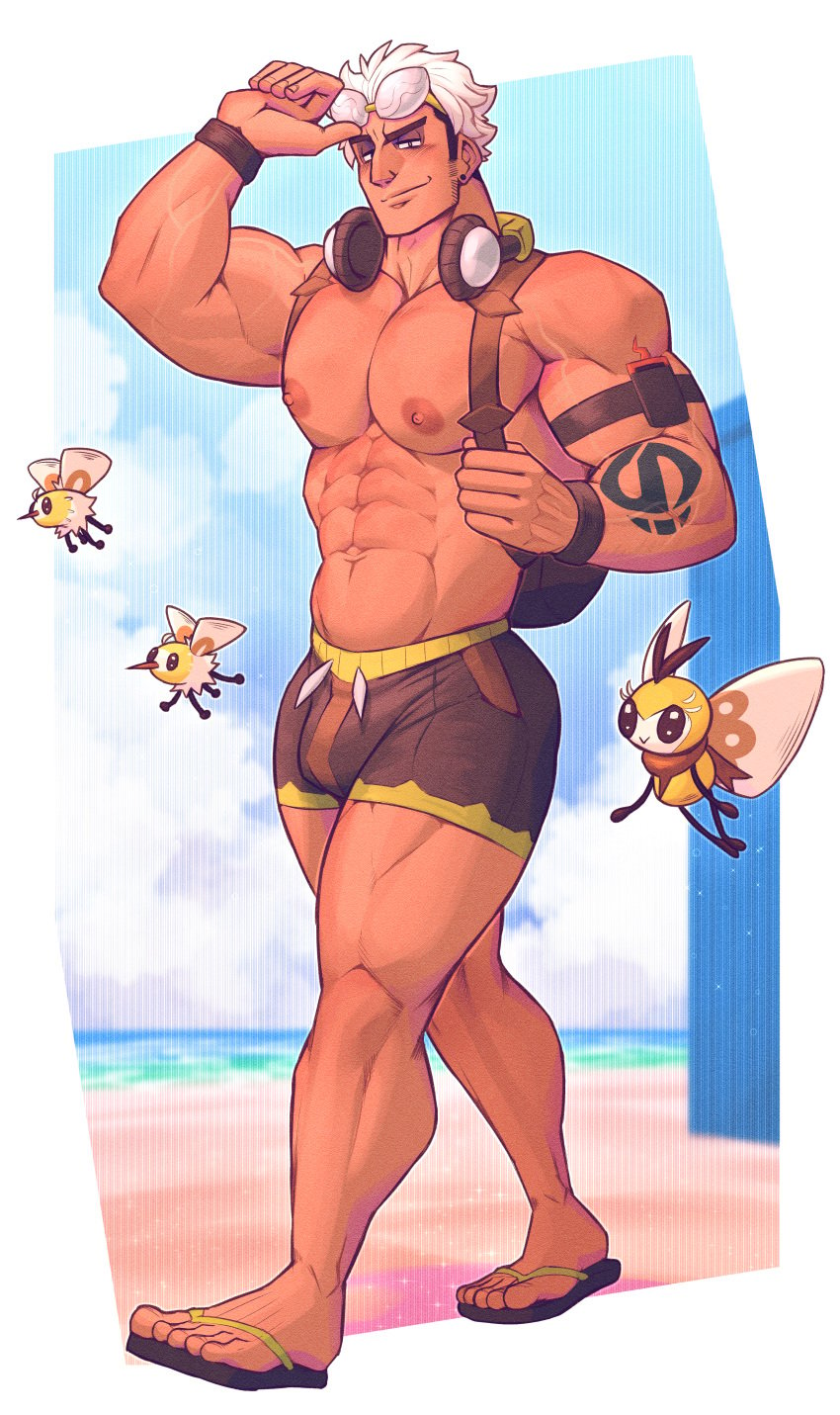 1boy 2023 bara bara_tits barazoku beach biceps bulge cutiefly flaccid gay guzma_(pokemon) hi_res highres looking_at_viewer male male_focus male_nipples male_only manly muscular_arms muscular_legs muscular_male muscular_thighs nintendo nipples pecs pokemon pokemon_masters_ex pokemon_sm pokemon_usm ribombee solo solo_male sunglasses swim_briefs swimwear tattoo team_skull wolf_con_f yaoi