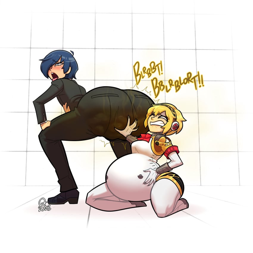 aigis_(persona) big_ass big_belly big_butt makoto_yuki oddtenn open_mouth persona_3 relief scat scat_desperation shitting_self soiling soiling_clothing soiling_pants tenuousoddity