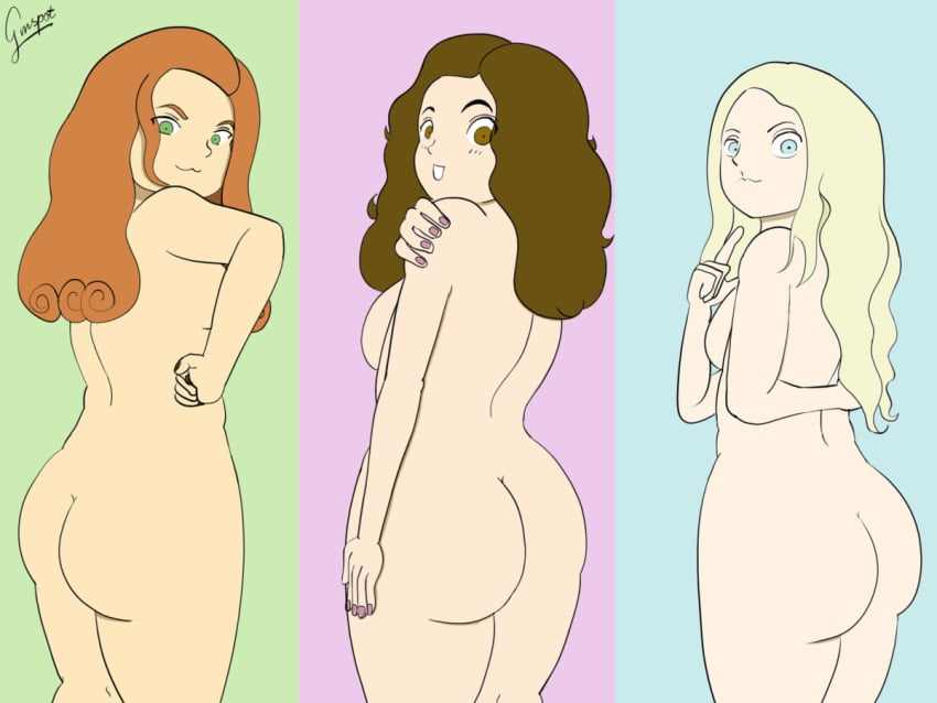 3girls animated ass blonde_hair blue_eyes blush breasts brown_eyes brown_hair color cute female female_focus female_only from_behind gif ginny_weasley ginspot green_eyes hand_on_hip harry_potter hermione_granger long_hair looking_at_viewer luna_lovegood multiple_girls nail_polish nude nude_female orange_hair presenting seductive sideboob standing suggestive