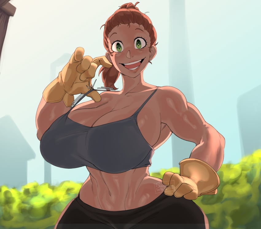 1girls 2022 absurd_res armpits breasts brown_hair cleavage female female_focus gloves green_eyes hips huge_breasts looking_at_viewer midriff ponytail smile smiling smiling_at_viewer solo solo_female solo_focus sungerart tank_top