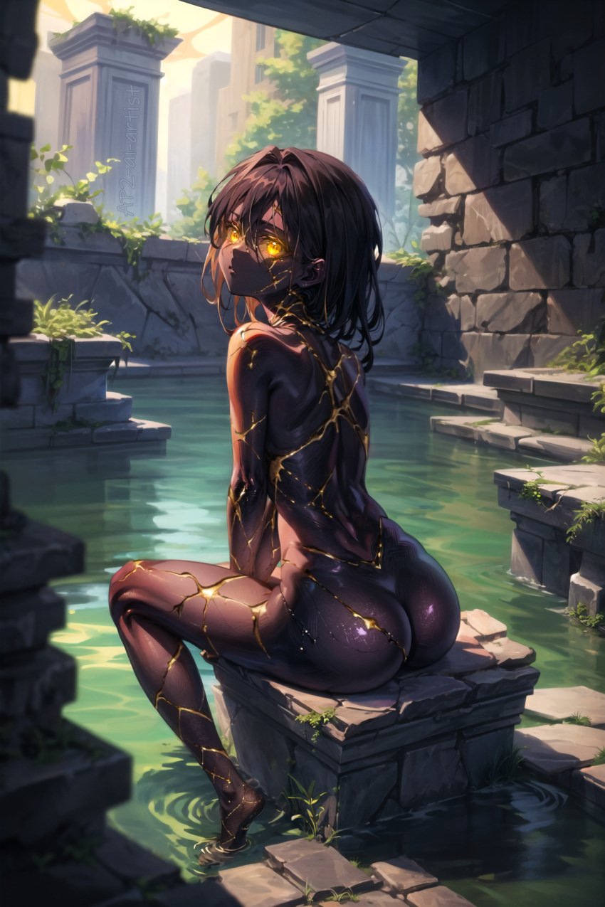 ai_generated ap2-ai-artist ass black_body black_hair completely_naked completely_nude cracked_skin dark_skin female from_behind golem hi_res high_resolution looking_back medium_hair mineral_fauna mineral_humanoid monster_girl naked nude original original_character rock rock_creature rock_humanoid stone_body yellow_eyes