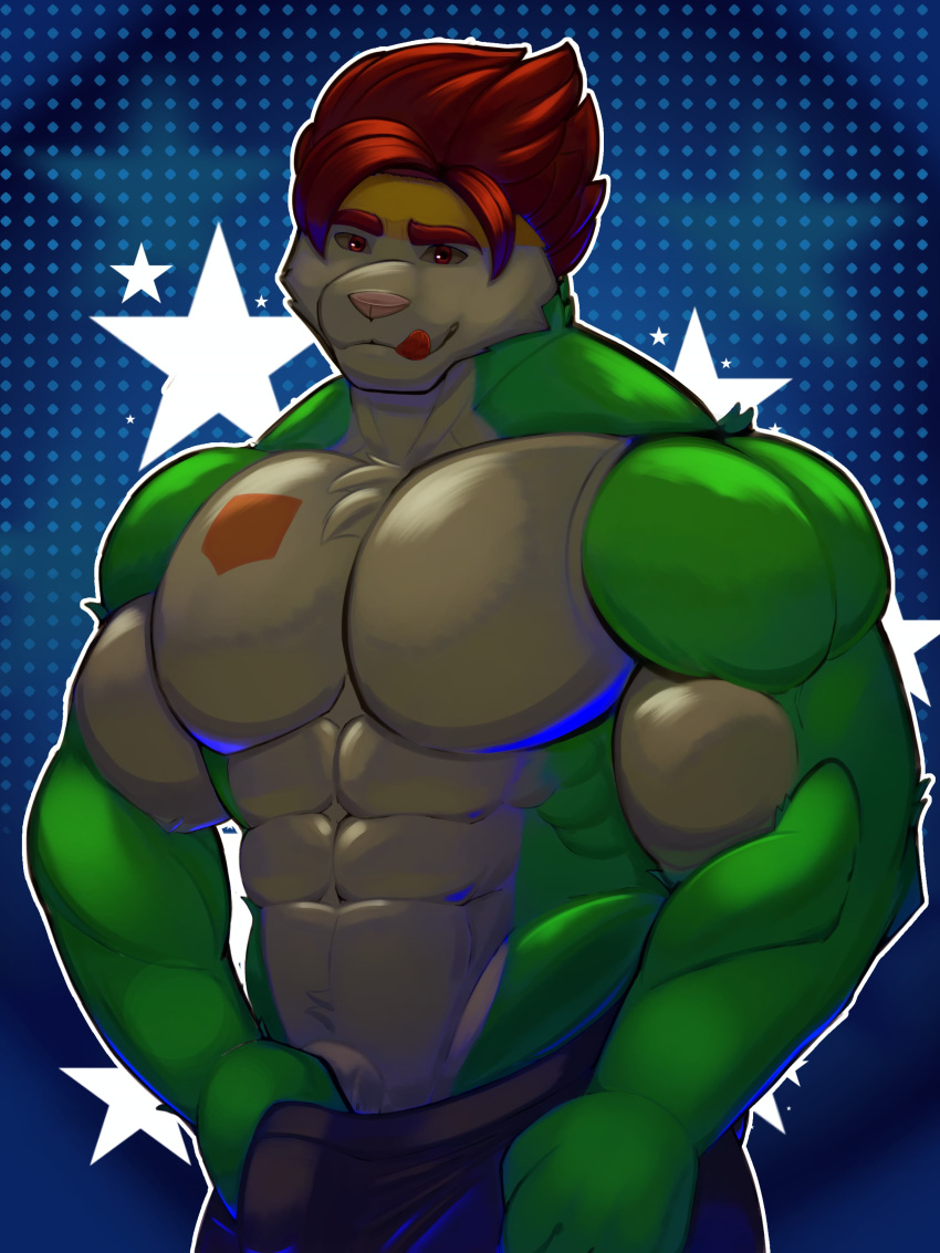 absurd_res big_muscles big_pecs brown_hair bulge chesnaught chest_tuft clothing generation_6_pokemon genitals green_body green_skin hair hi_res looking_at_viewer male male_only marcelo_solava muscular nintendo pecs penis pokemon pokemon_(species) poking_out shield short solo star tattoo tongue tongue_out tuft undressing undressing_self