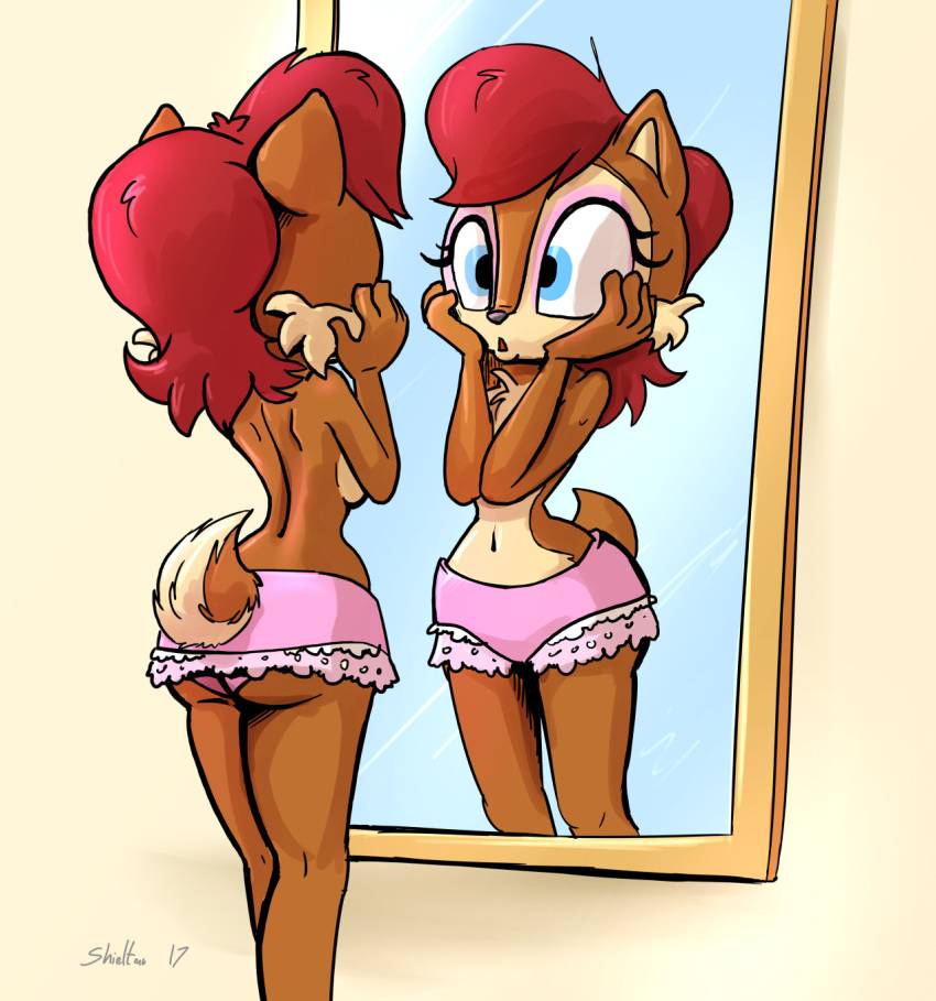 1girls anthro anthro_only archie_comics artist_signature ass back big_ass breasts eyelashes eyeliner eyeshadow female female_only frills furry furry_only hi_res lingerie makeup medium_breasts medium_hair mirror panties sally_acorn sega shieltar sonic_(series) sonic_the_hedgehog_(archie) sonic_the_hedgehog_(comics) sonic_the_hedgehog_(series) tail wide_hips