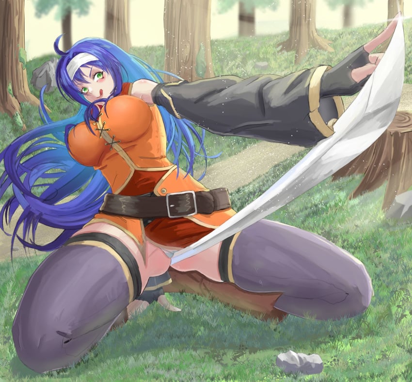 1girls alboeire blue_hair female female_only fire_emblem fire_emblem:_path_of_radiance fire_emblem:_radiant_dawn green_eyes hairband kneeling mia_(fire_emblem) nintendo object_between_cheeks panties solo spread_legs sword thighhighs thighs white_panties