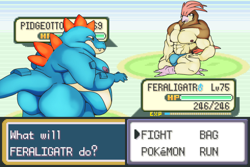 anthro ass avian_feet belly belly_overhang big_belly big_bulge big_butt big_pecs bulge clothing duo feraligatr gameplay_mechanics generation_1_pokemon generation_2_pokemon genital_outline health_bar huge_butt krowbutt male moobs muscular muscular_male nintendo nipples nude overweight overweight_male pecs penis_outline pidgeot pokemon pokemon_(species) text text_box thong underwear user_interface