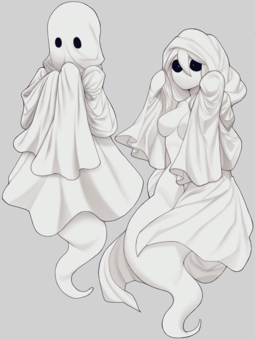 bedsheet_ghost black_eyes breasts ghost ghost_girl halloween mrfishcorpse original_character sheets tagme undressing voluptuous white_body white_hair