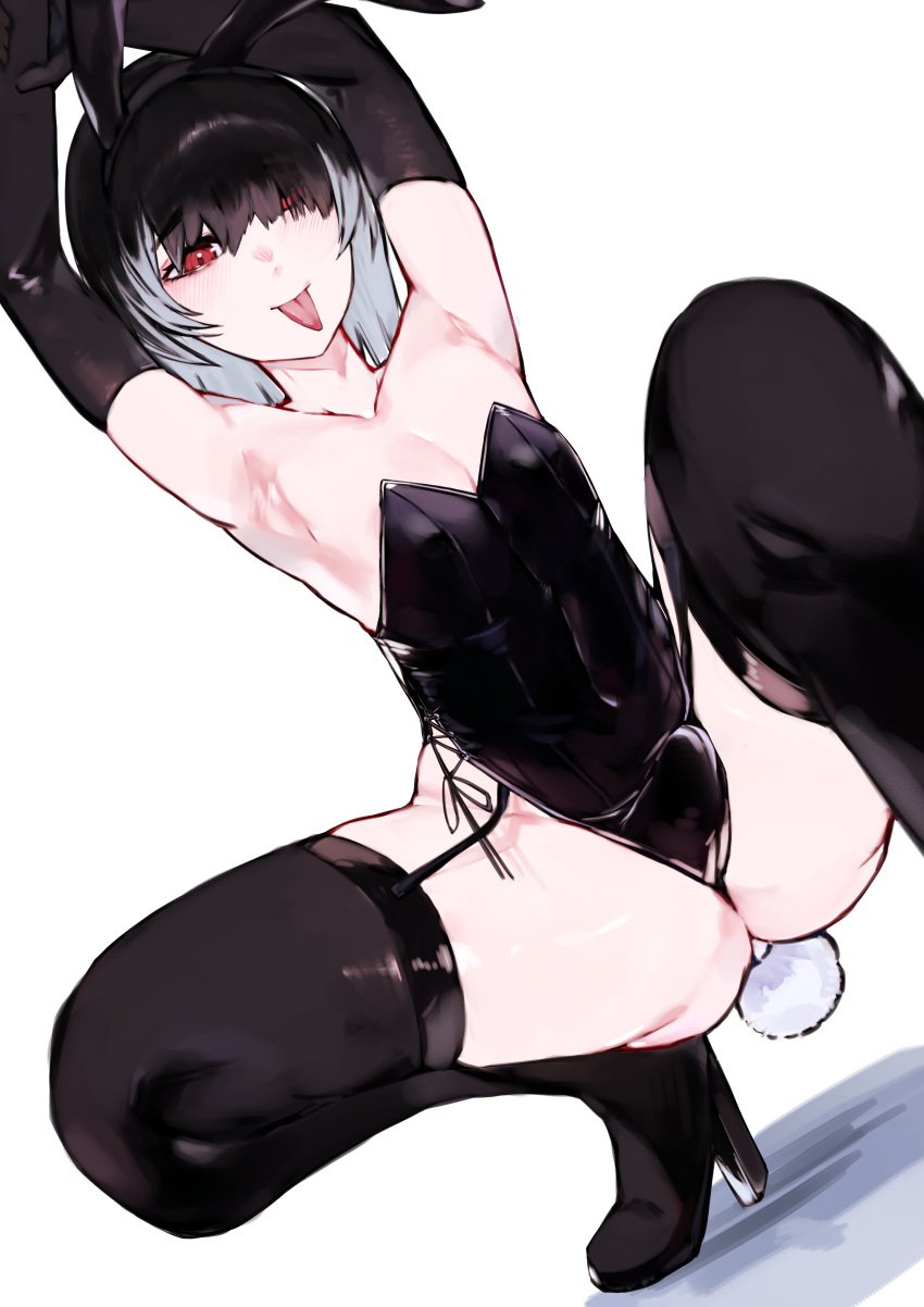 1boy 1femboy armpits arms_up armwear black_armwear black_garter_straps black_hair black_high_heels black_leotard black_stockings blush blush_lines bulge bunny_boy bunny_ears bunny_tail buttplug buttplug_tail crossdressing erect_penis erection erection_in_leotard femboy garter_straps gloves high_heels legwear leotard long_gloves male male_only original penis_shaped_bulge playboy_bunny red_eyes simple_background solo squatting stockings tongue tongue_out trap two_tone_hair udonya613 white_background