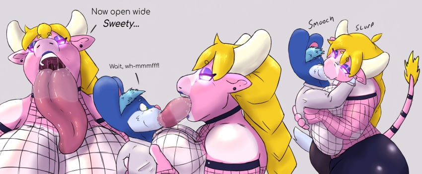 absurd_res anthro big_breasts blonde_hair bodily_fluids bovid bovine breast_squish breasts cattle cobalt_(olibur) deep_tongue drooling duo extreme_french_kiss female french_kissing glowing glowing_eyes hair held_up hi_res horn huge_breasts kissing lagomorph leporid lifted long_tongue looking_at_viewer looking_pleasured male male/female mammal neck_bulge olibur paprika_(olibur) rabbit saliva saliva_string size_difference speech_bubble squish succubus thick_tongue tongue