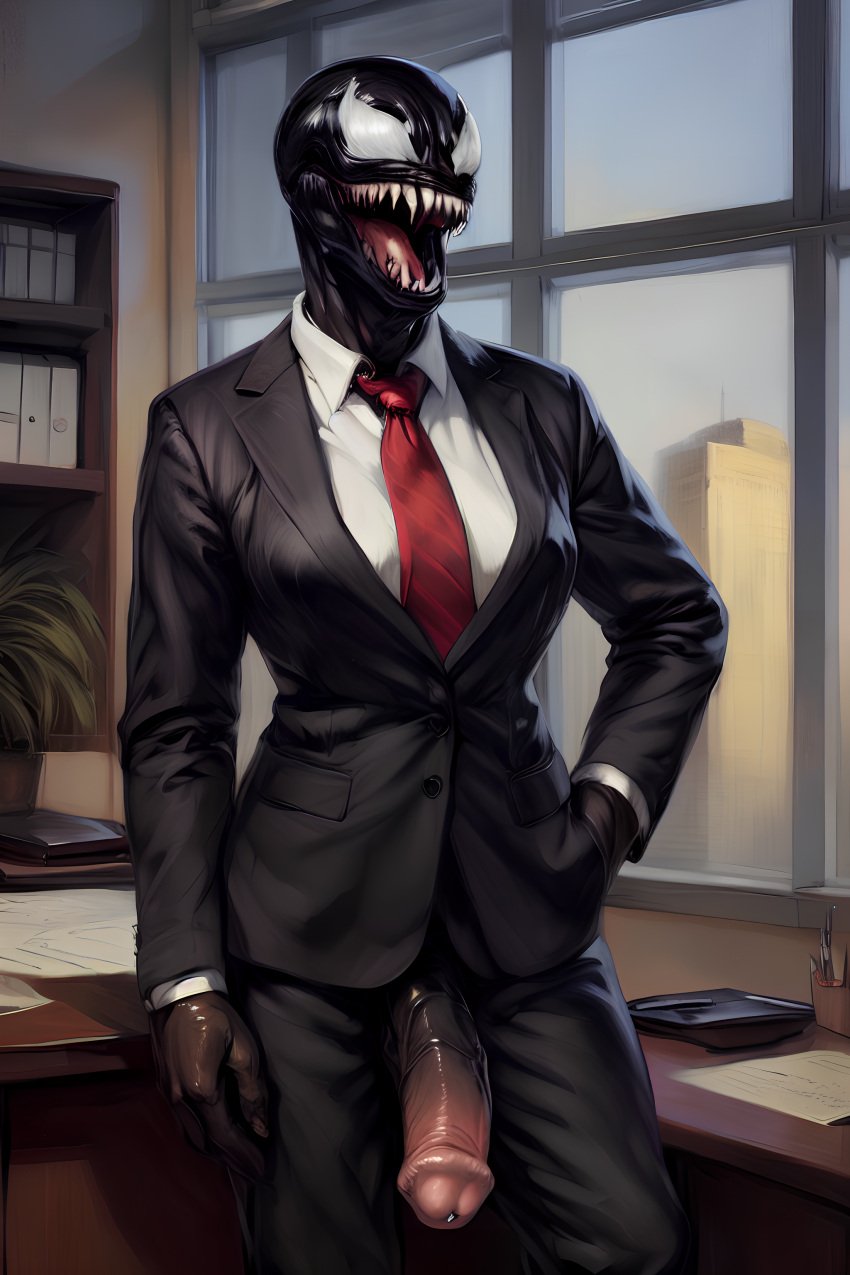 1futa ai_generated big_mouth black_body business_suit flaccid fully_clothed futa_only futanari half-erect hand_in_pocket horsecock horsecock_futanari large_mouth leaning_on_desk marvel office open_mouth pants_open penis penis_out santarvengar she-venom stable_diffusion veiny_penis