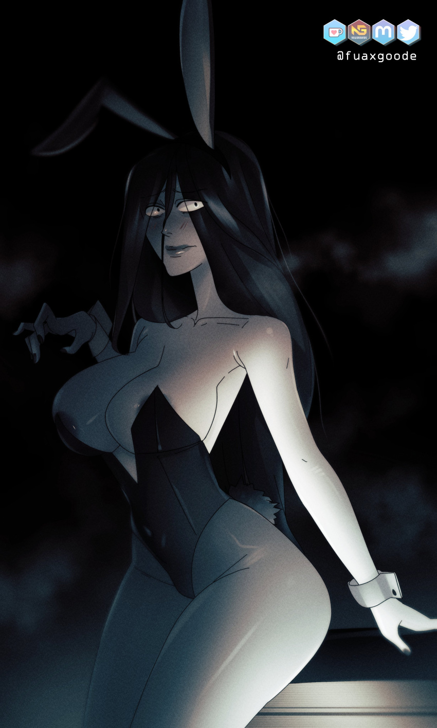 1girls absurd_res areola_slip black_hair blush breasts bunny_ears bunnysuit embarrassed female female_only fuax_goode ghost ghost_girl halloween long_hair looking_at_viewer pale-skinned_female pale_skin pantyhose shaded solo the_ring wrist_cuffs yamamura_sadako