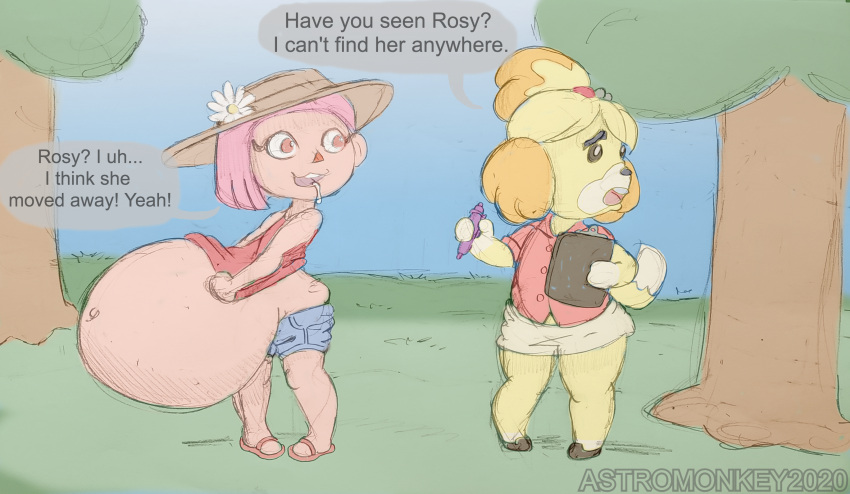 animal_crossing animal_crossing_girl astromonkey big_belly blonde_hair canine female female_focus female_only huge_belly isabelle_(animal_crossing) nintendo pink_hair saliva villager_(animal_crossing) vore yellow_fur