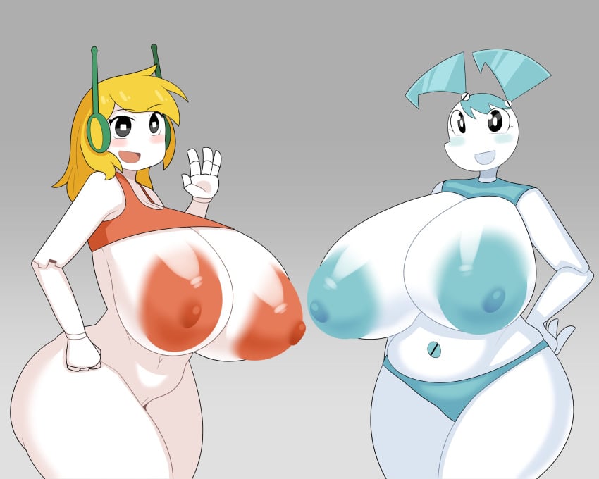 absurd_res big_breasts blonde_hair blue_clothing blue_hair blue_nipples blue_panties blue_underwear blush breasts cave_story clothing curly_brace duo duskyer eyelashes female genitals gesture glistening glistening_body grey_background hair hi_res huge_breasts humanoid jenny_wakeman looking_at_viewer machine my_life_as_a_teenage_robot navel nickelodeon nipples panties pussy red_nipples robot salute simple_background smile thick_thighs underwear white_body wide_hips