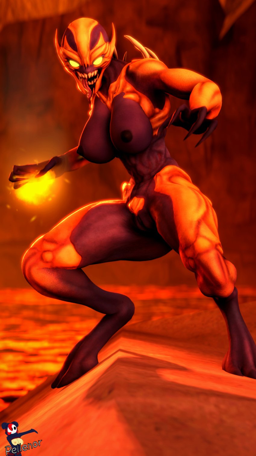 1girls 2020 3d 3d_(artwork) big_breasts breasts claws curvy curvy_figure demon demon_girl doom female female_only fire fireball glowing_eyes id_software imp imp_(doom) looking_at_viewer monster monster_girl multicolored_body nipples pellenor solo standing tongue tongue_out vagina voluptuous yellow_eyes