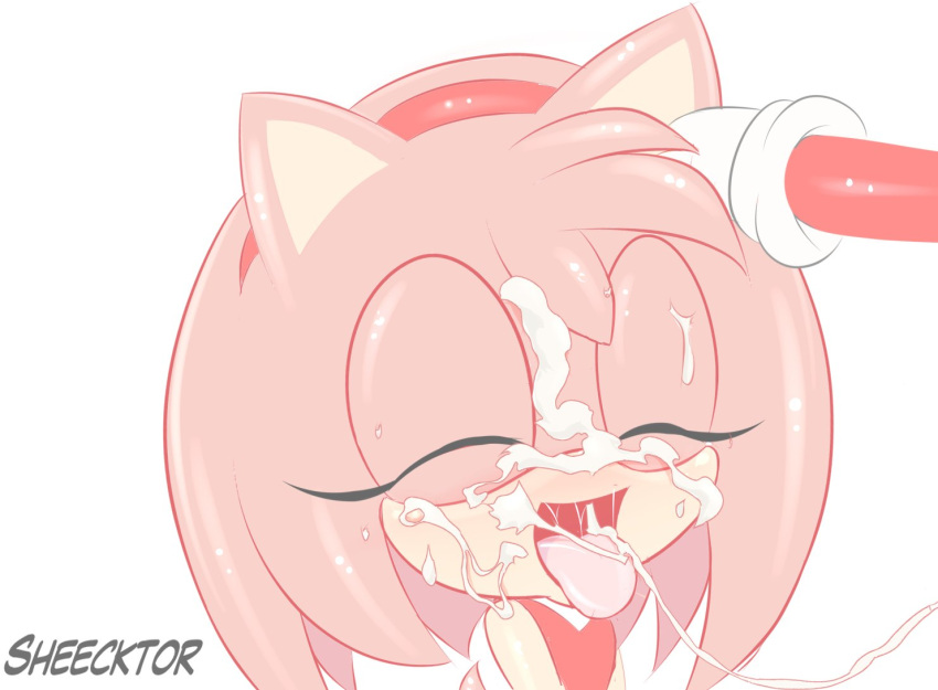 1girls after_fellatio amy_rose cum cum_in_mouth cum_on_face female furry hand_on_head male sega sheecktor sonic_(series)