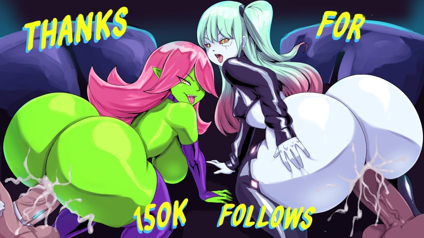 2boys 2girls ambiguous_penetration armwear ass balls big_ass breasts cum cum_inside cyberpunk:_edgerunners dart_(thecon) dat_ass dumptruck_ass fat_ass follower_celebration goblin goblin_female green_hair huge_ass large_ass milestone_celebration open_mouth original penis pink_hair rebecca_(edgerunners) sex shortstack small_breasts thecon thick_ass thighhighs tongue tongue_out