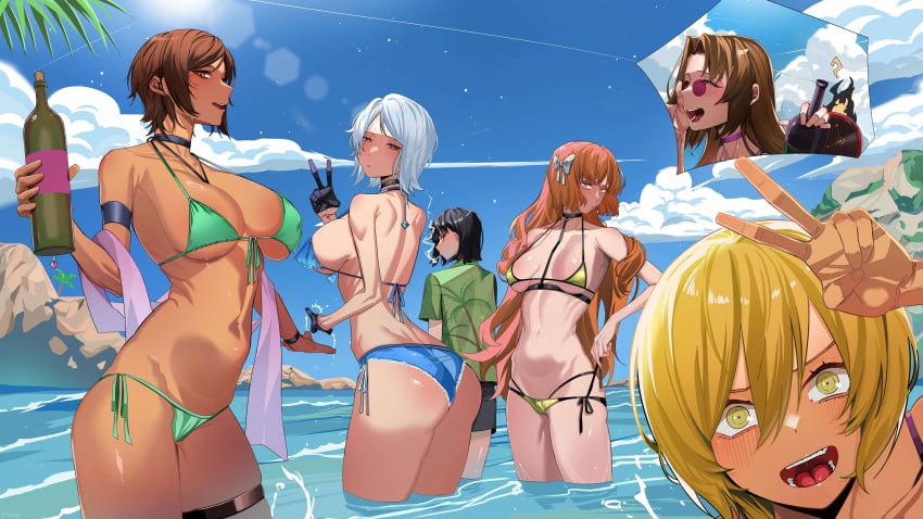 1boy 6girls alcohol arm_ring arm_rings beach bikini black_choker black_hair blonde_hair blue_bikini blue_eyes blue_swimsuit brown_hair choker cigarette clock clock_head closed_eyes closed_mouth dante_(limbus_company) dark-skinned_female dark_skin don_quixote_(limbus_company) faust_(limbus_company) female female_focus frilled_bikini glasses gloves green_bikini green_swimsuit hair_ornament hair_ribbon hawaiian_shirt huge_breasts ishmael_(limbus_company) knee_deep large_ass large_breasts leg_ring light-skinned_female light_skin limbus_company long_hair looking_at_viewer looking_back medium_breasts open_mouth orange_eyes orange_hair outis_(limbus_company) peace_sign project_moon purple_choker purple_glasses question_mark red_eyes rhlatm rodion_(limbus_company) ryoshu_(limbus_company) short_gloves short_hair smoking sunglasses sunny swimsuit swimwear teal_swimsuit teeth thigh_strap tongue very_long_hair water white_hair wine_bottle yellow_bikini yellow_eyes yellow_hair yellow_swimsuit