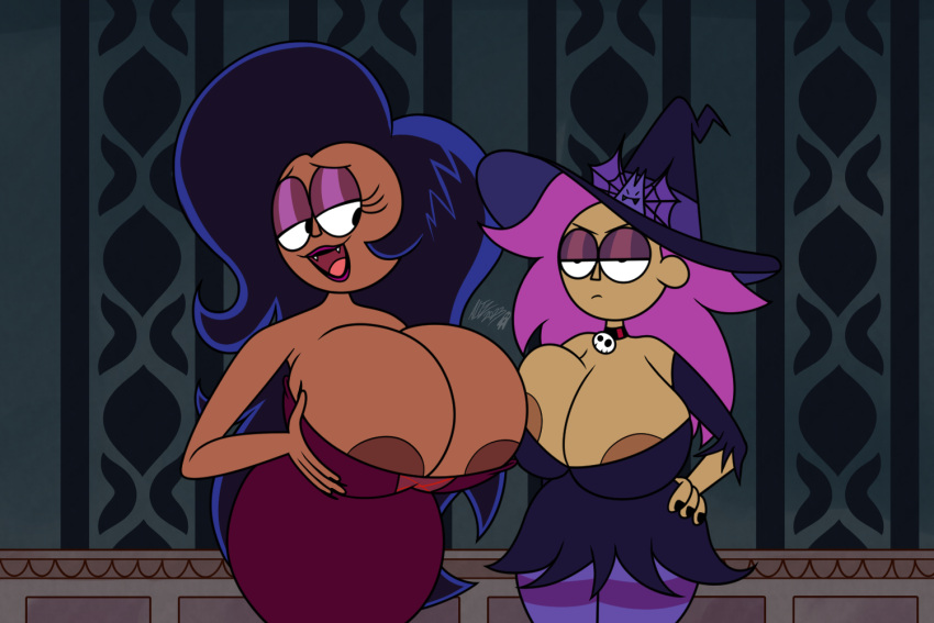 2girls 4_fingers altzegoz_(artist) annoyed big_breasts black_hair breast_expansion breast_grab breasts cartoon_network cleavage dark_skin enid hand_on_hip lipstick looking_at_another milf mother_and_daughter ok_k.o.!_let's_be_heroes purple_hair siblings thick_thighs vampire vampire_girl wilhamena witch_hat