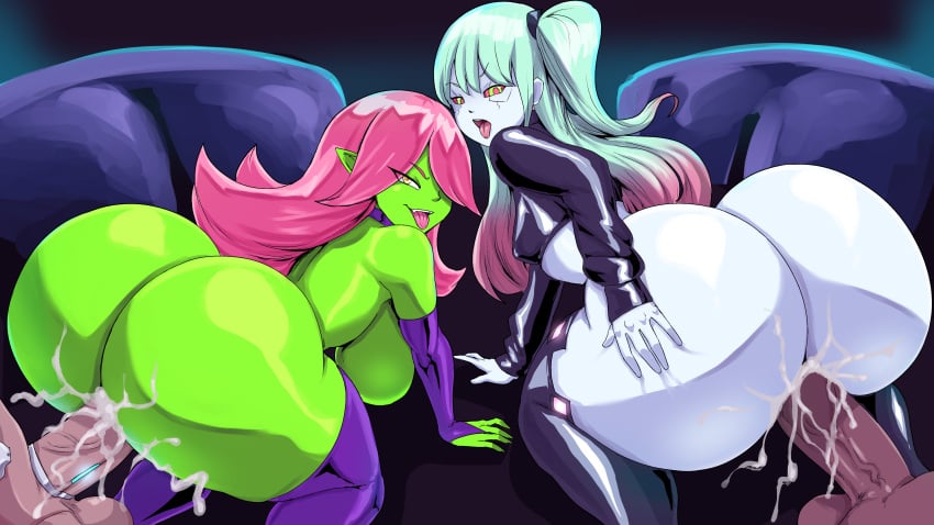 2boys 2girls ambiguous_penetration armwear ass balls big_ass breasts cum cum_inside cyberpunk:_edgerunners dart_(thecon) dat_ass dumptruck_ass fat_ass goblin goblin_female green_hair huge_ass large_ass open_mouth original penis pink_hair rebecca_(edgerunners) sex shortstack small_breasts thecon thick_ass thighhighs tongue tongue_out