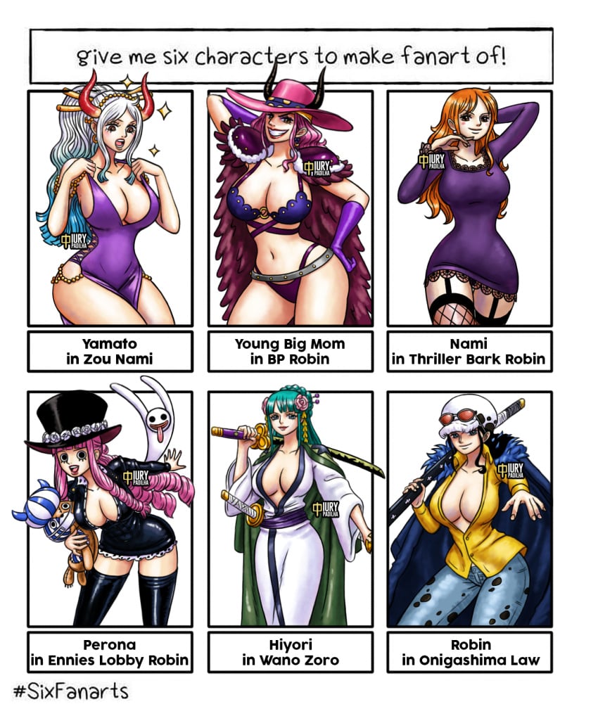 6girls aqua_hair beast_pirates_(cosplay) big_breasts black_hair crossplay female female_only horns iury_padilha kozuki_hiyori nami nami_(one_piece) nami_(one_piece)_(cosplay) nico_robin nico_robin_(cosplay) one_piece orange_hair outfit_swap perona pink_hair post-timeskip roronoa_zoro_(cosplay) six_fanarts_challenge swords time_paradox trafalgar_law_(cosplay) white_hair yamato_(one_piece) young_big_mom