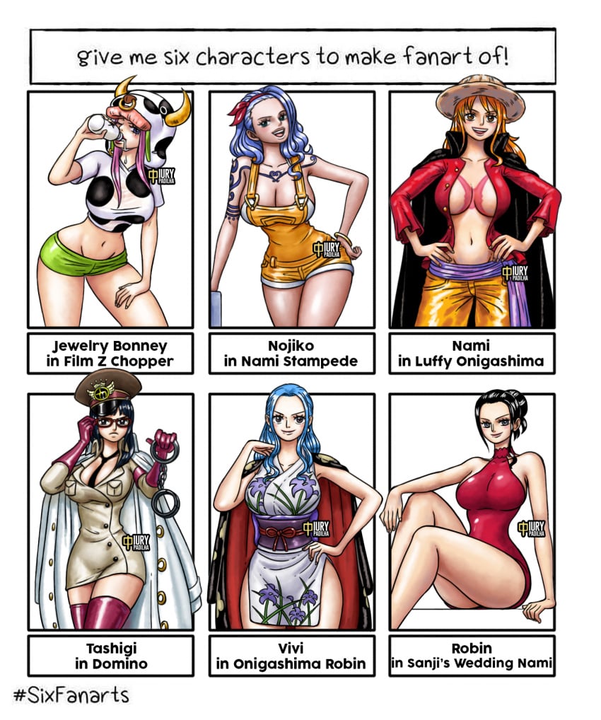 aged_up big_breasts black_hair blue_hair crossplay domino_(one_piece)_(cosplay) female female_only glasses handcuffs iury_padilha jewelry_bonney latex_boots latex_gloves monkey_d_luffy_(cosplay) nami nami_(one_piece) nami_(one_piece)_(cosplay) nefertari_vivi nico_robin nico_robin_(cosplay) nojiko one_piece orange_hair outfit_swap pink_hair post-timeskip tashigi thick_thighs tony_tony_chopper_(cosplay) topless_cosplay