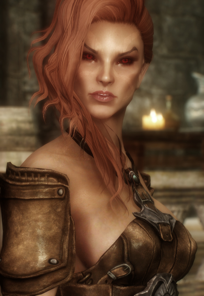 armor bijin dark_elf dunmer female grey_skin irileth nonstickypants red_eyes red_hair skyrim the_elder_scrolls