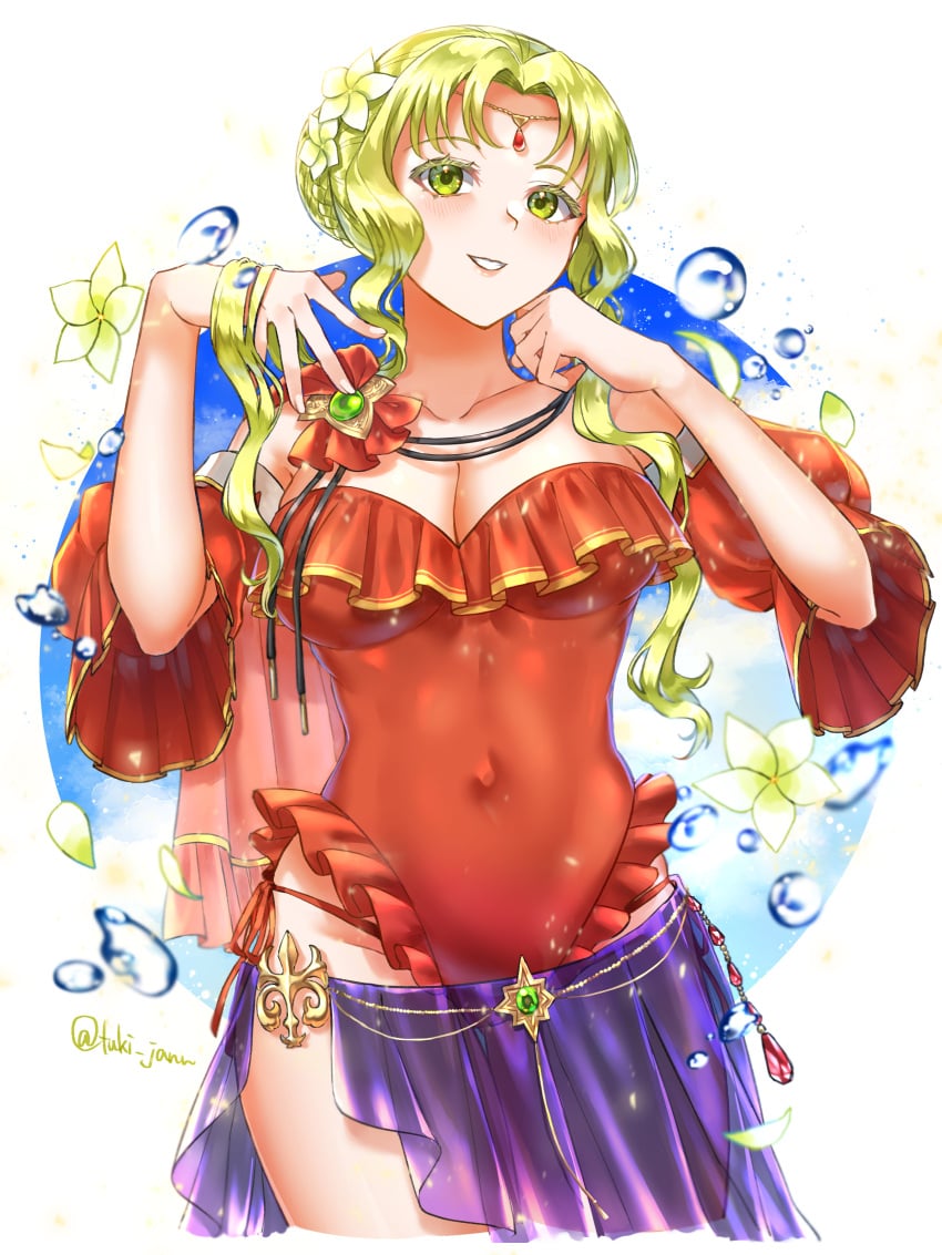 1girls absurdres alternate_costume blonde_hair blue_sky blush breasts cape circlet clasp cleavage cloud commentary covered_navel cowboy_shot detached_sleeves fire_emblem fire_emblem:_the_binding_blade flower gem gold_trim green_eyes green_gemstone guinevere_(fire_emblem) guinivere_(fire_emblem) hair_lift hand_up highres jewelry large_breasts long_hair looking_at_viewer mature_female nintendo one-piece_swimsuit open_mouth purple_sarong red_one-piece_swimsuit red_swimsuit sarong sky smile solo swimsuit thighs tsukimura_(d24f4z8j3t) yellow_eyes