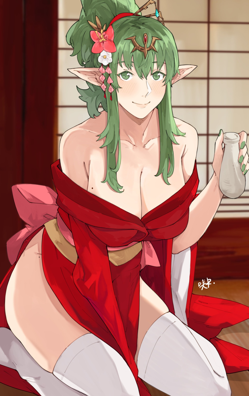 1girls absurdres alternate_costume alternate_hairstyle bare_shoulders bare_thighs between_legs bottle breasts cleavage collarbone female female female_only fire_emblem fire_emblem_awakening flower green_eyes green_hair green_nails hair_flower hair_ornament hair_stick hand_between_legs highres holding holding_bottle japanese_clothes kimono large_breasts looking_at_viewer medium_hair mole mole_on_breast nail_polish nintendo obi off_shoulder pink_nails pointy_ears ponytail red_kimono sake_bottle sakuremi sash shoulders smile solo thighhighs thighs tiara tiki_(adult)_(fire_emblem) tiki_(fire_emblem) white_thighhighs yukata