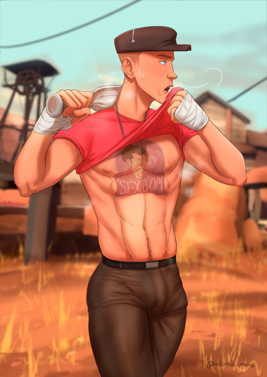 alcornoz fit_male male_only muscular_male pinup scout_(team_fortress_2) shirt_lift shirt_up solo_male sweatdrop team_fortress_2 twink wiping_sweat wiping_with_shirt