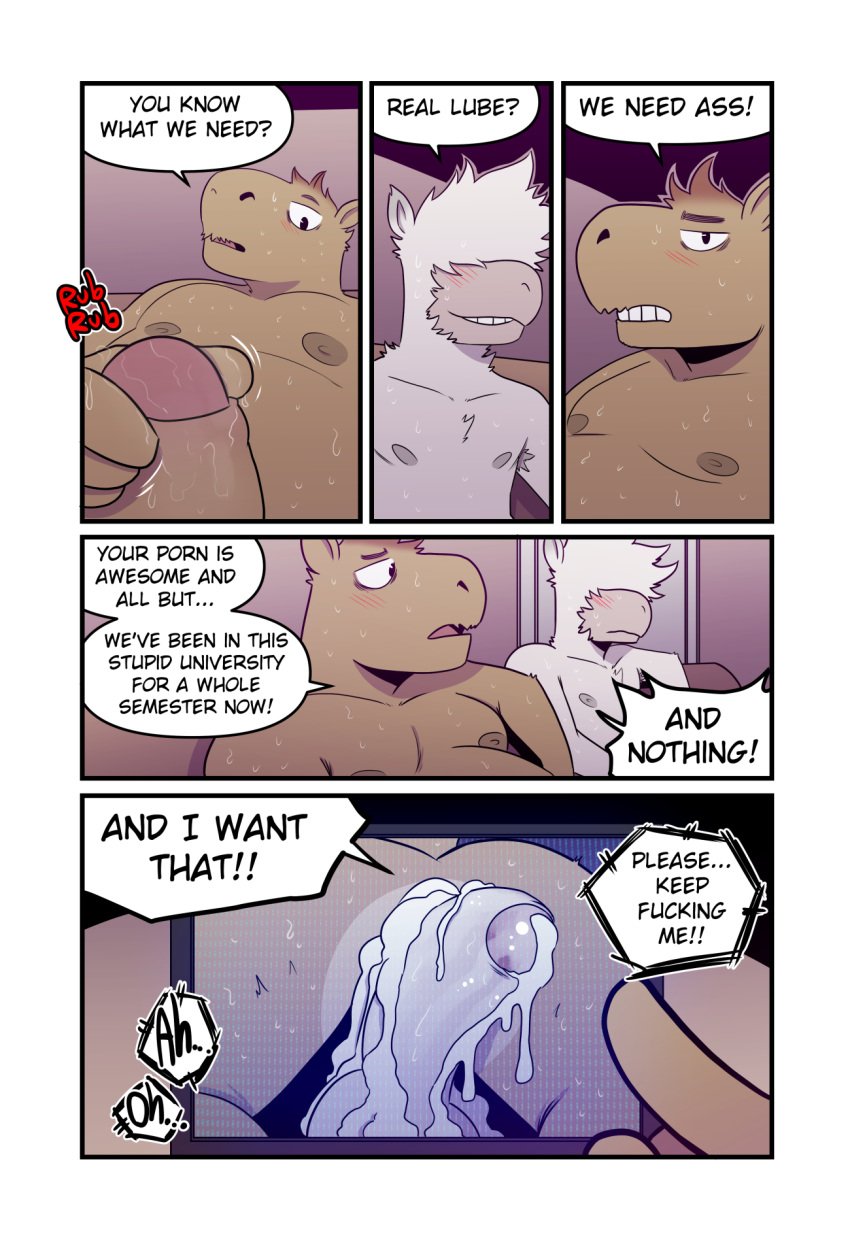 anthro bodily_fluids camelid capybara caviid comic cum cum_from_ass cum_in_ass cum_inside dalton_(t0l0k) duo english_text genital_fluids genitals glans gus_(t0l0k) hi_res humanoid_genitalia humanoid_penis keegan_(t0l0k) llama looking_at_porn male male/male mammal overweight overweight_male paul_(t0l0k) penis pornography rodent t0l0k text