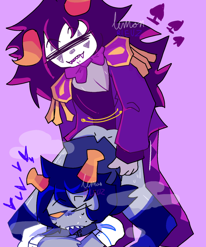 2boys black_hair clothed_sex clown_makeup fgay grey_body hair_up hiveswap homestuck horns marvus_xoloto messy_hair ms_paint_adventures no_pants nsfw nude_male_clothed_male purple_background sex sex_from_behind shirt submissive submissive_male sweat tagme teasing tongue_out zebruh_codakk