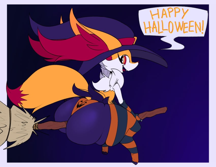 1girls 2d backtrekwatch braixen broom furry furry_only halloween huge_ass kneesocks looking_at_viewer pokemon pokemon_(species) smile tail witch witch_hat