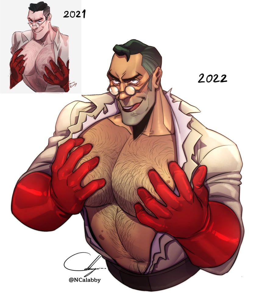 art_progression bara bara_tiddies bara_tits comparison dilf egabbacc glasses hairy_chest himbo male_focus male_only man_boobs mature_male medic_(team_fortress_2) official_alternate_costume older_male pec_grab pec_grasp pec_squeeze pecs pectoral_grab pectorals ripped_clothing ripped_shirt solo_male team_fortress_2 yaoi_hands