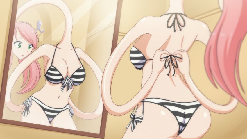 bikini elastic elongation female long_arms long_hair long_hair_female long_neck mirror non-nude non_nude pantsudesu pink_hair saki_(pantsudesu) sole_female solo solo_female stretchy stretchy_arms superpowers swimsuit tagme