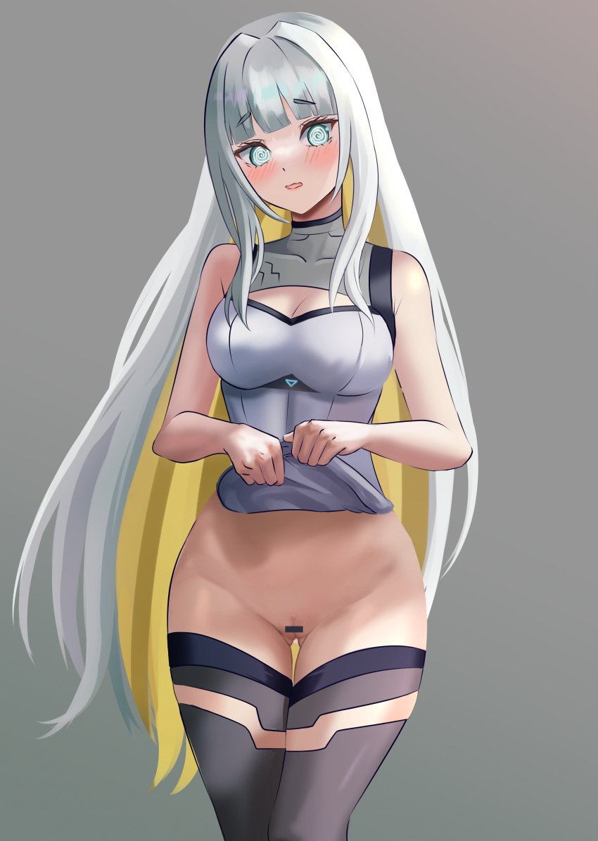 1girls blush censored censored_pussy eru_nabura estebaneishon1 female_only grey_eyes highres latam_virtual_youtuber light_skin light_skinned_female long_hair looking_at_viewer showing_pussy simple_background two_tone_hair virtual_youtuber white_hair