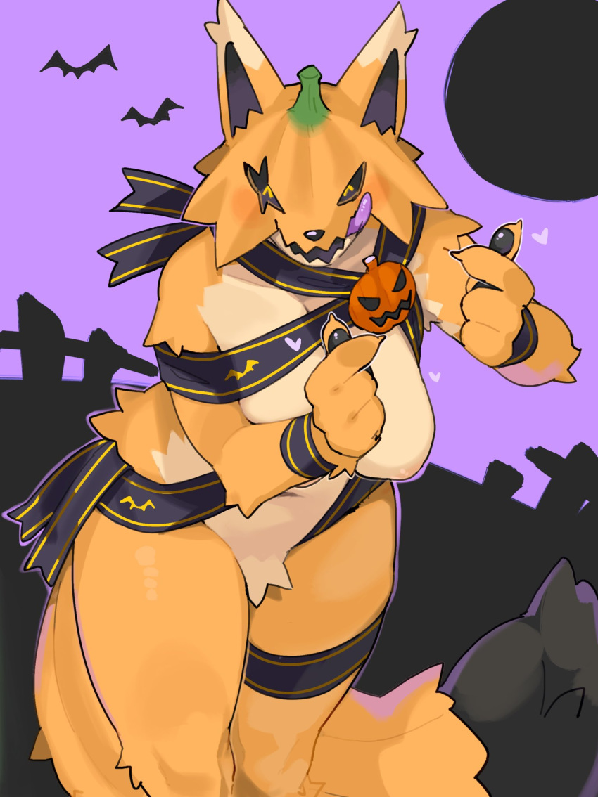 1girls anthro areola big_breasts breasts canid canine canis female female_only food fruit fur furry halloween hi_res holidays kame_3 mammal orange_fur plant pumpkin simple_background smile smiling smiling_at_viewer solo tongue