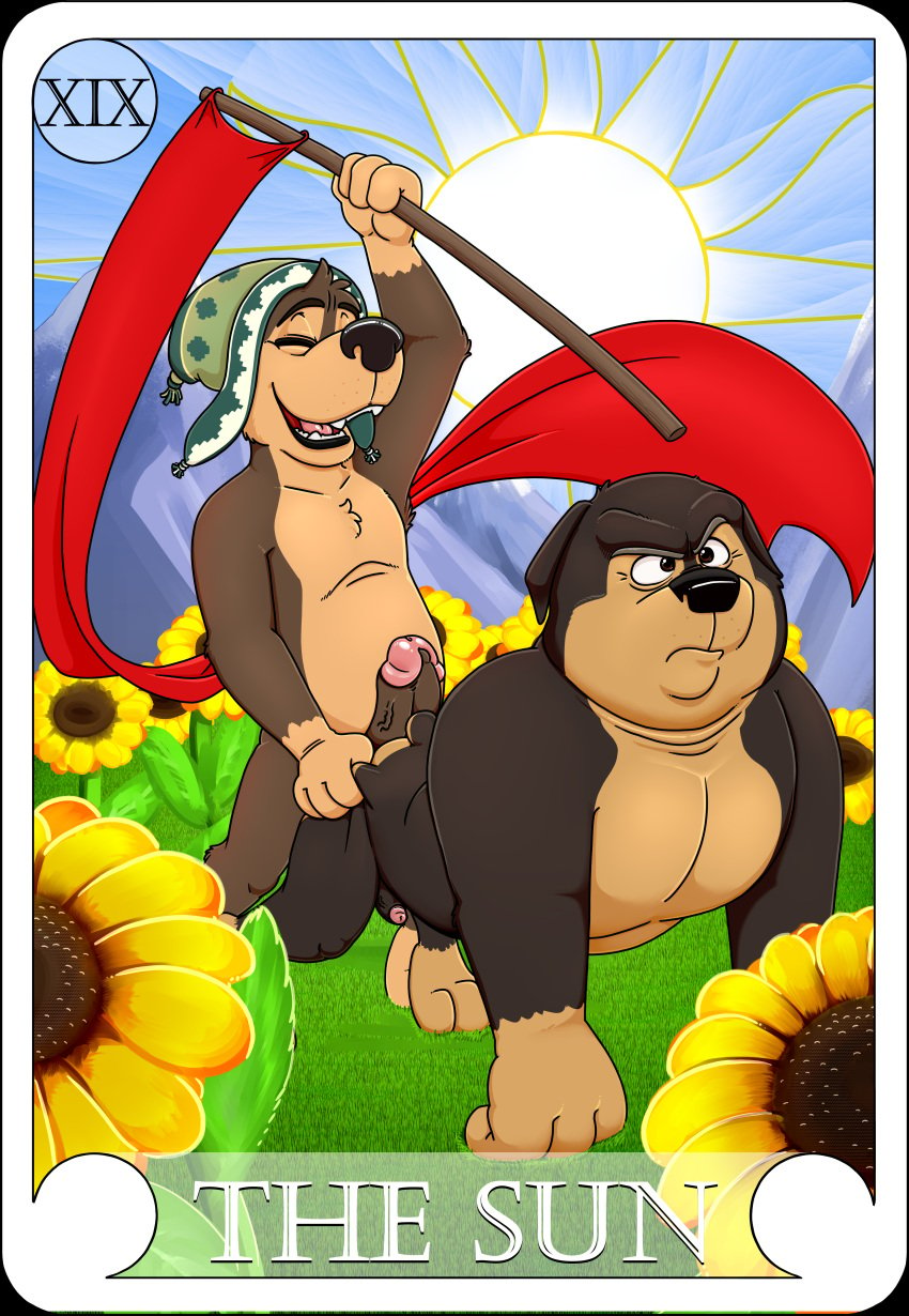 absurd_res anthro black_background bodi_(rock_dog) canid canine canis card domestic_dog duo father father_and_child father_and_son flower genitals hi_res humanoid_genitalia humanoid_penis incest khampa_(rock_dog) male male/male mammal neenya outside parent parent_and_child parent_and_son penis plant rock_dog son sunflower tarot tarot_card the_sun_(tarot) yaoi