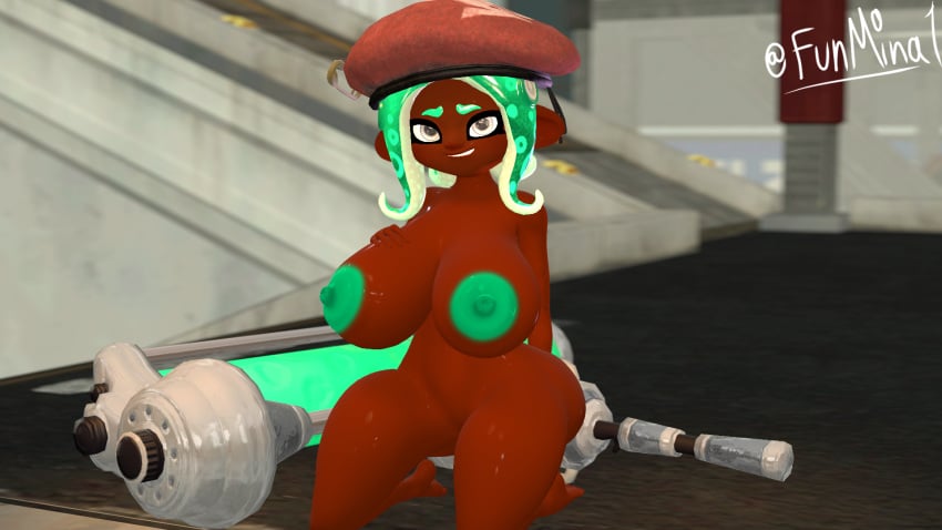 1girls 3d 3d_(artwork) big_ass big_breasts big_thighs dark-skinned_female dark_skin female female_only funmina looking_at_viewer octoling octoling_girl public public_nudity sfm splatoon weapon