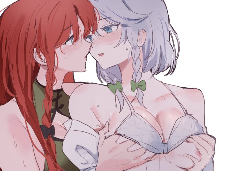 2girls blue_eyes blush bow bra braid braided_sidelock breasts cleavage female grabbing grabbing_another's_breast grabbing_from_behind groping hairbow hand_in_another's_bra hand_in_bra hand_under_clothes highres hong_meiling izayoi_sakuya long_hair looking_at_another molestation multiple_girls open_mouth red_hair sakuya_izayoi sarukana shirt short_hair simple_background touhou twin_braids white_background white_shirt yuri