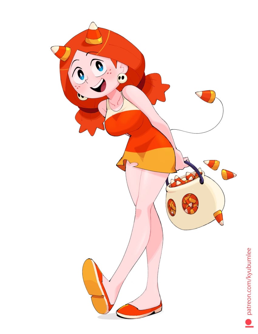 big_breasts bucket candy candy_corn costume earrings halloween horns katie_(death_buy_lemonade) kyu_bum_lee leaning_forward orange_hair tagme tail voluptuous wide_hips