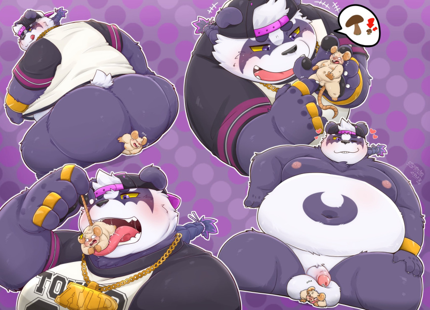 96panda alp_(tokyo_afterschool_summoners) anthro ass backwards_baseball_cap backwards_hat balls baseball_cap bear belly big_butt blush bullying clothing duo flaccid foreskin genitals giant_panda hat headgear headwear hi_res humiliation lifewonders male male/male mammal micro moobs mouse murid murine navel nipples overweight penis penis_humiliation pinned_by_balls rodent sitting_on_another small_penis small_penis_humiliation tokyo_afterschool_summoners uvula vore_tease