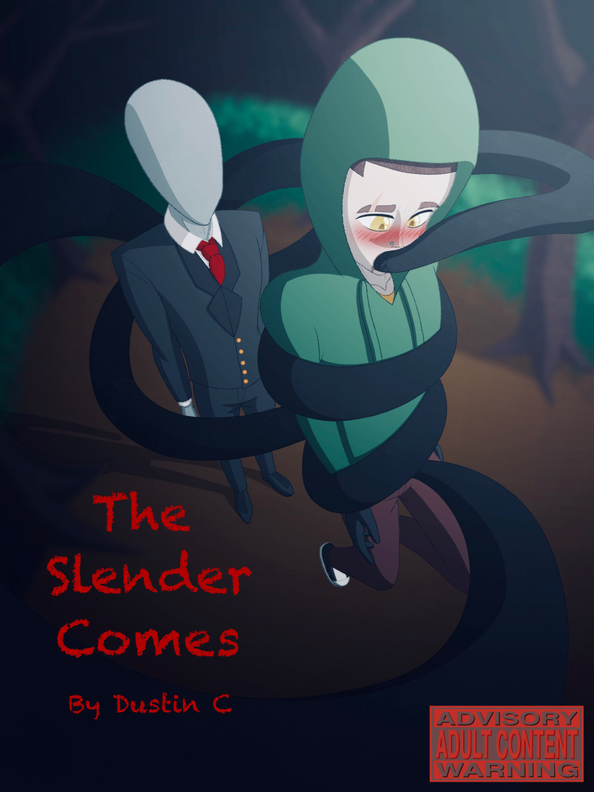 black_suit black_tentacles brown_hair comic comic_cover creepypasta duo dustin_c forest forest_background gay green_clothing green_hoodie human male male/male male_only night nose_piercing piercing red_tie scar scar_on_face slenderman suit tentacle tentacle_grab tentacle_in_mouth text title white_body woods yellow_eyes