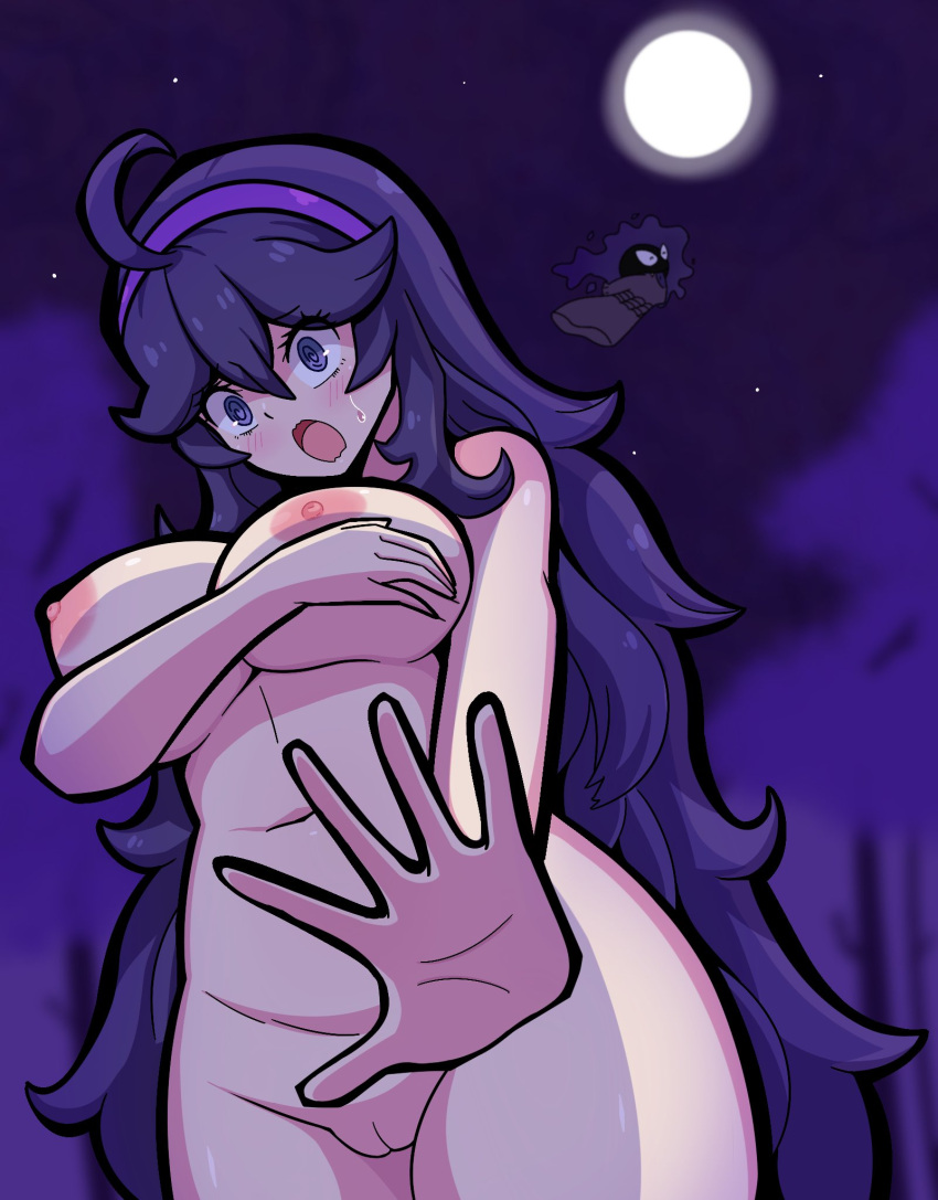 ahoge arm_under_breasts belly_button blush breasts covering_breasts embarrassed embarrassed_nude_female eyebrows_visible_through_hair eyelashes_visible_through_hair fallenlimbo hairband hex_maniac holding_breasts_up large_hips long_hair moon night nude nude_female pokemon purple_eyes purple_hair pussy shocked shocked_expression surprised surprised_expression sweatdrop thick_thighs underboob wide_hips